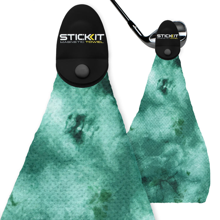 Magnetic golf towels in teal watercolor pattern, featuring durable fabric and a convenient clip for easy attachment.