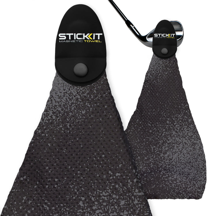 Magnetic black StickIt towel with textured surface, ideal for golfers. Durable, functional design for on-course convenience.