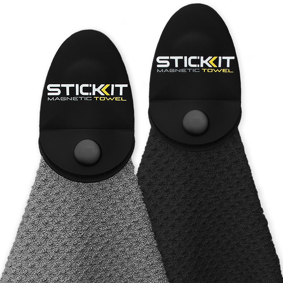 Black and gray STICKIT Magnetic Towels with textured fabric and logo; perfect for gym or outdoor use.