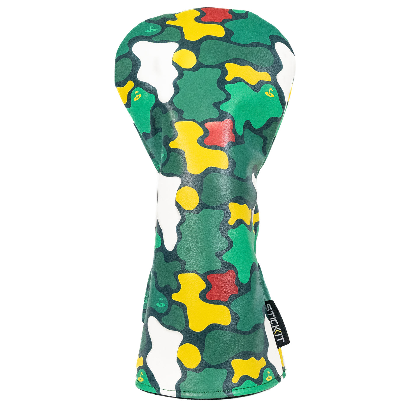Green camo golf headcover made of durable leather with yellow and red accents. Sleek, stylish design for protection.