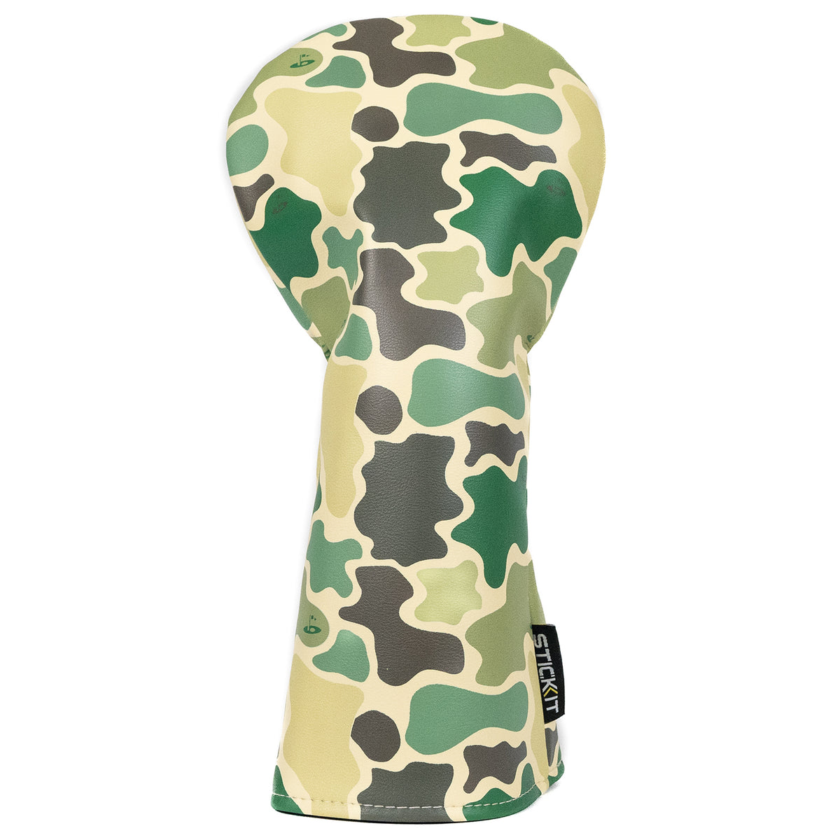 Camouflage golf club head cover in green and beige, made of durable synthetic material for stylish protection.