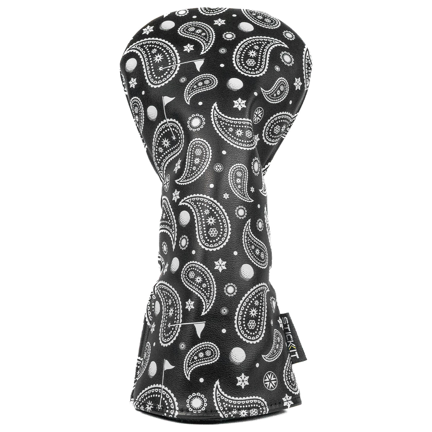 Black paisley-patterned oven mitt made of durable fabric, stylish and heat-resistant for kitchen use.