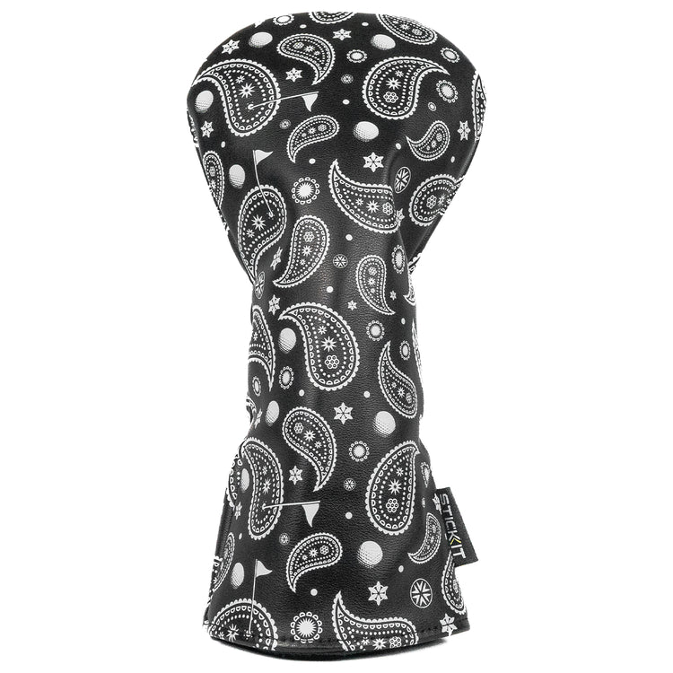 Black paisley-patterned oven mitt made of durable fabric, stylish and heat-resistant for kitchen use.