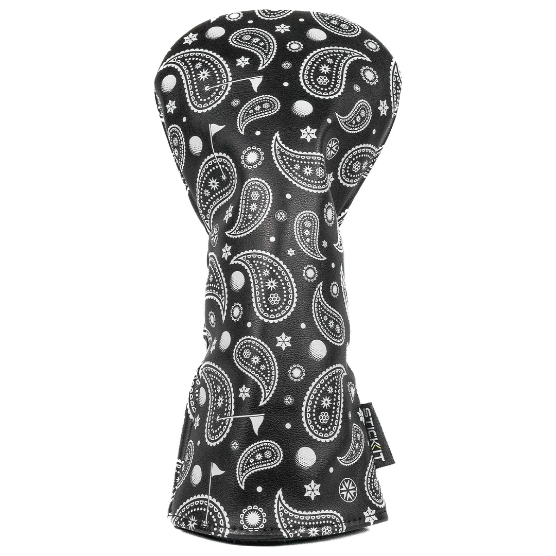 Black paisley-patterned oven mitt made of durable fabric, stylish and heat-resistant for kitchen use.