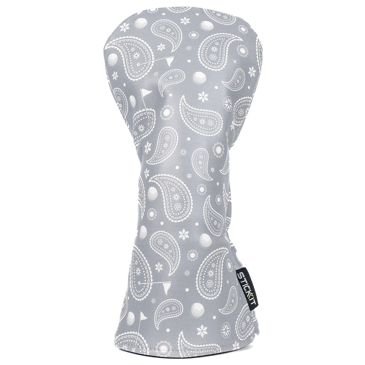 Gray paisley-patterned silicone oven mitt, featuring a textured design for secure grip and heat protection.
