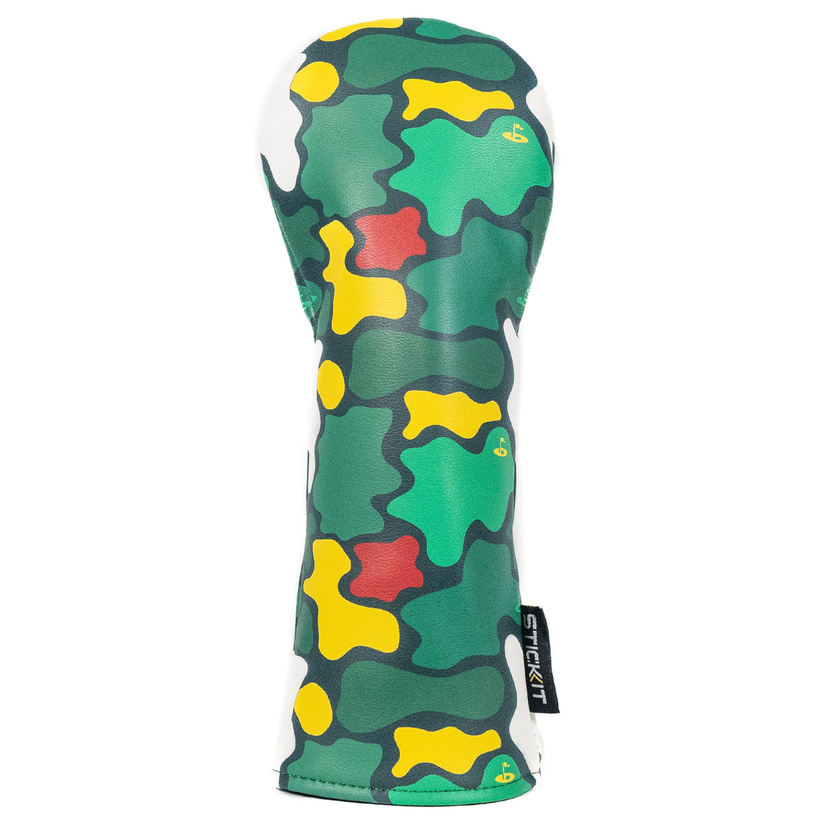 Camo golf headcover in green, yellow, and red, made of durable synthetic materials for protection and style.