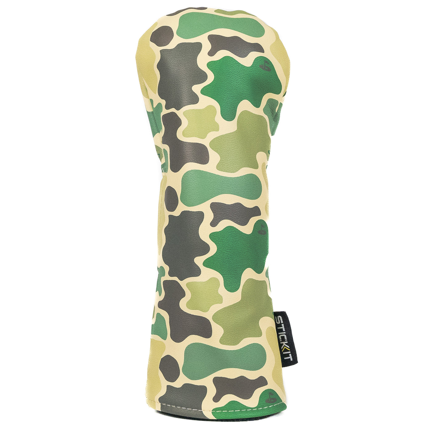 Green and beige camouflage golf club headcover in durable synthetic leather, sleek design for protection and style.