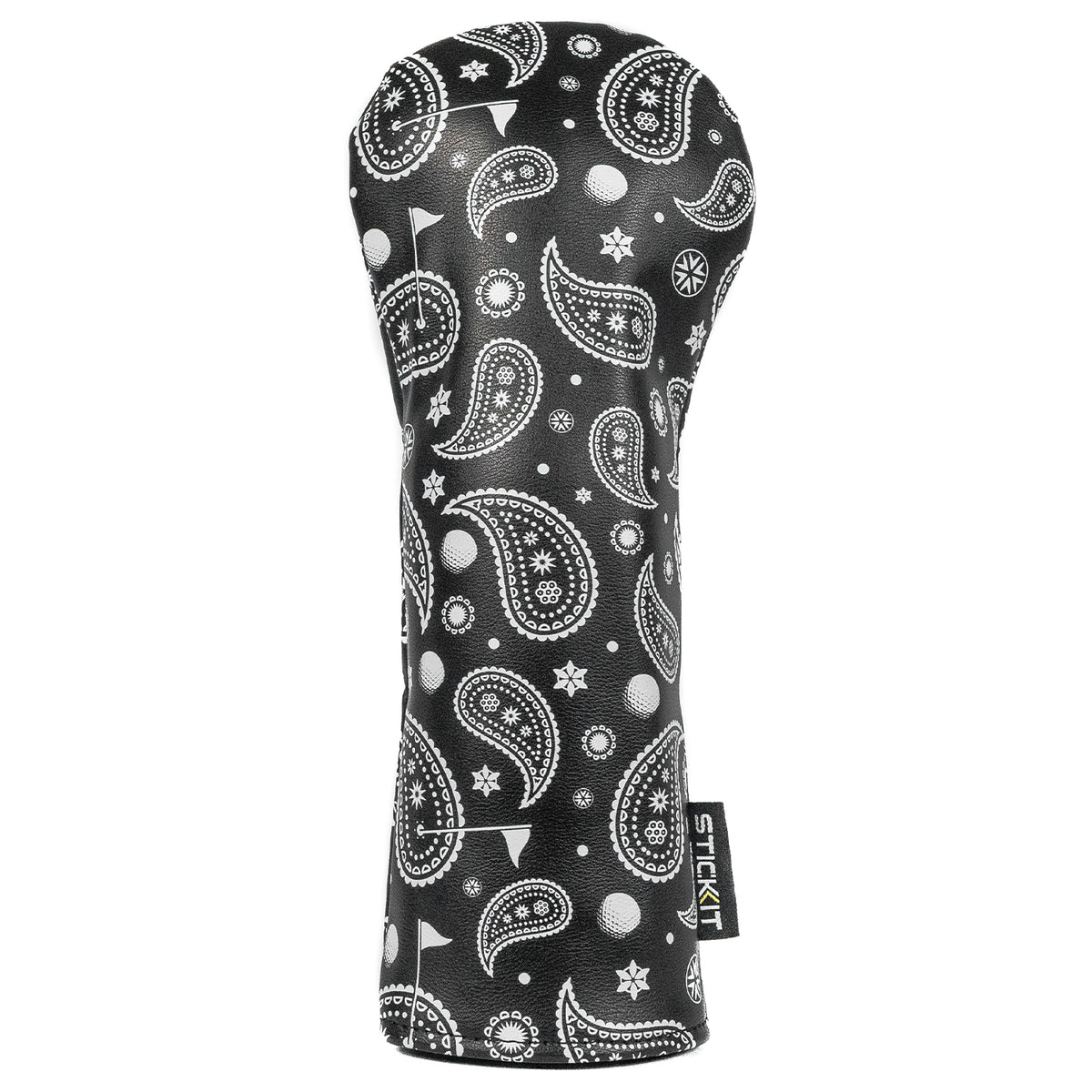 Black paisley pattern golf club headcover made from durable synthetic material, stylish and protective accessory.