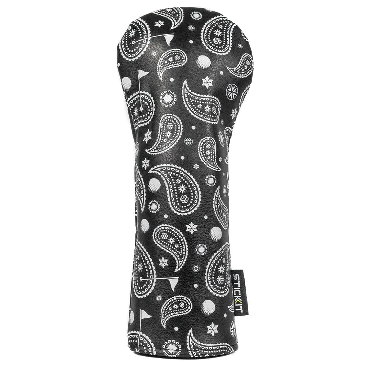 Black paisley pattern golf club headcover made from durable synthetic material, stylish and protective accessory.