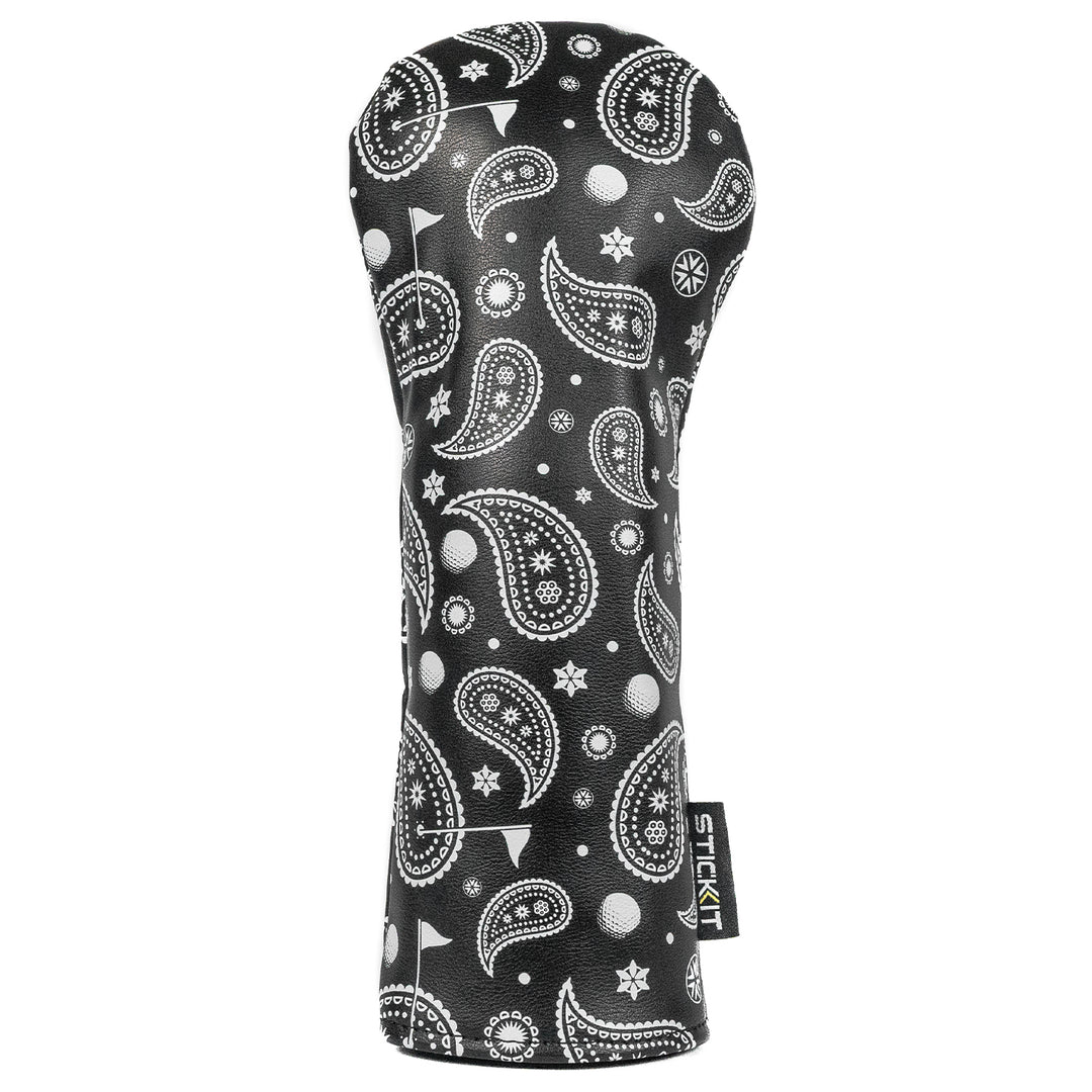 Black paisley pattern golf club headcover made from durable synthetic material, stylish and protective accessory.