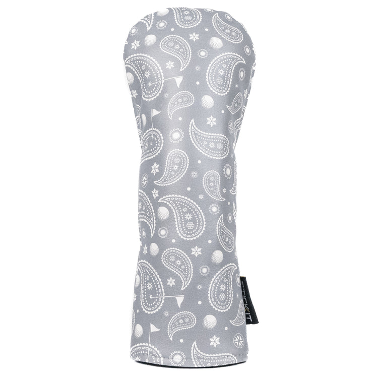 Gray paisley patterned golf club headcover made of durable fabric, stylish and protective for your golf gear.