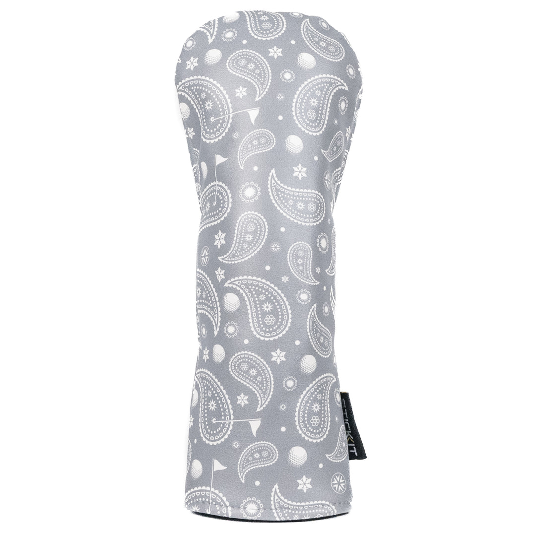 Gray paisley patterned golf club headcover made of durable fabric, stylish and protective for your golf gear.