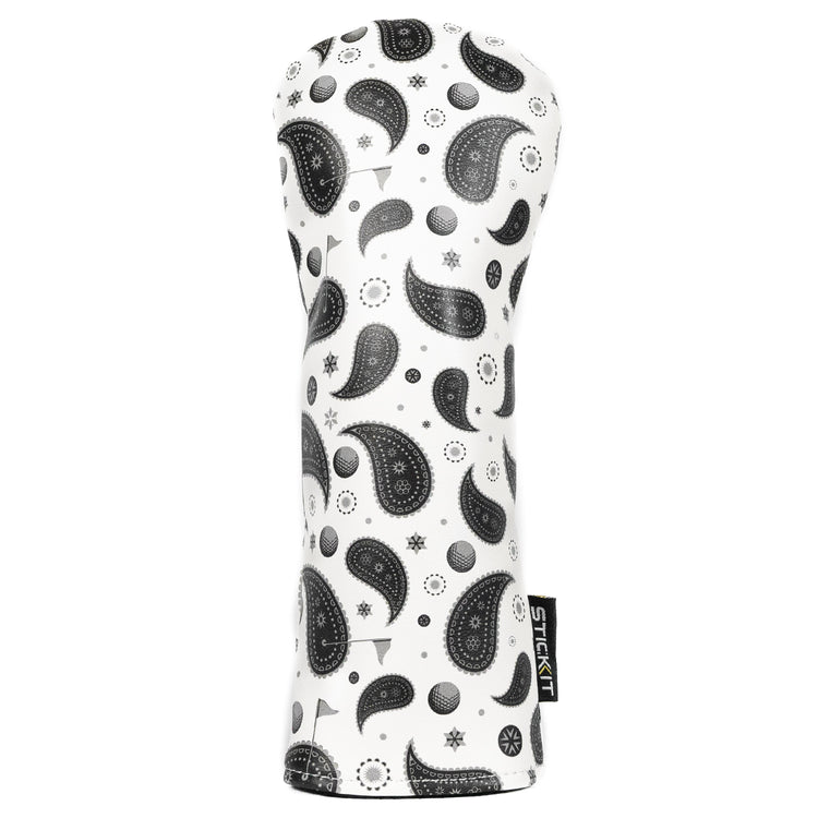 White golf headcover with black paisley pattern, made from durable materials for stylish protection and easy visibility.
