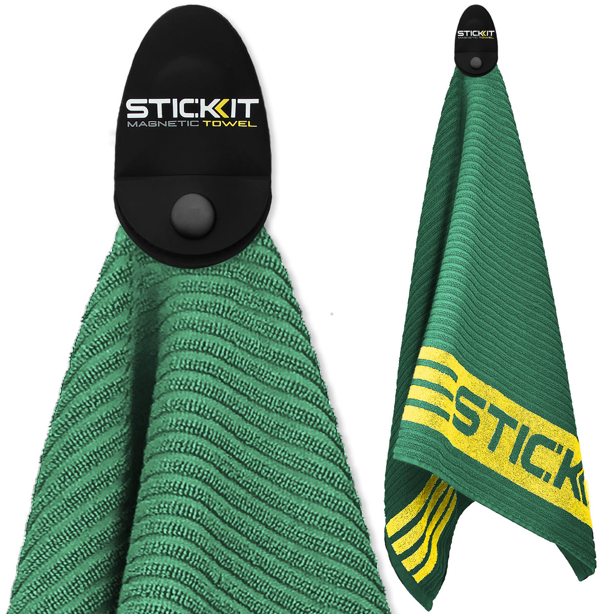 Green microfiber magnetic towel with black and yellow logo, ideal for outdoor and sports use.