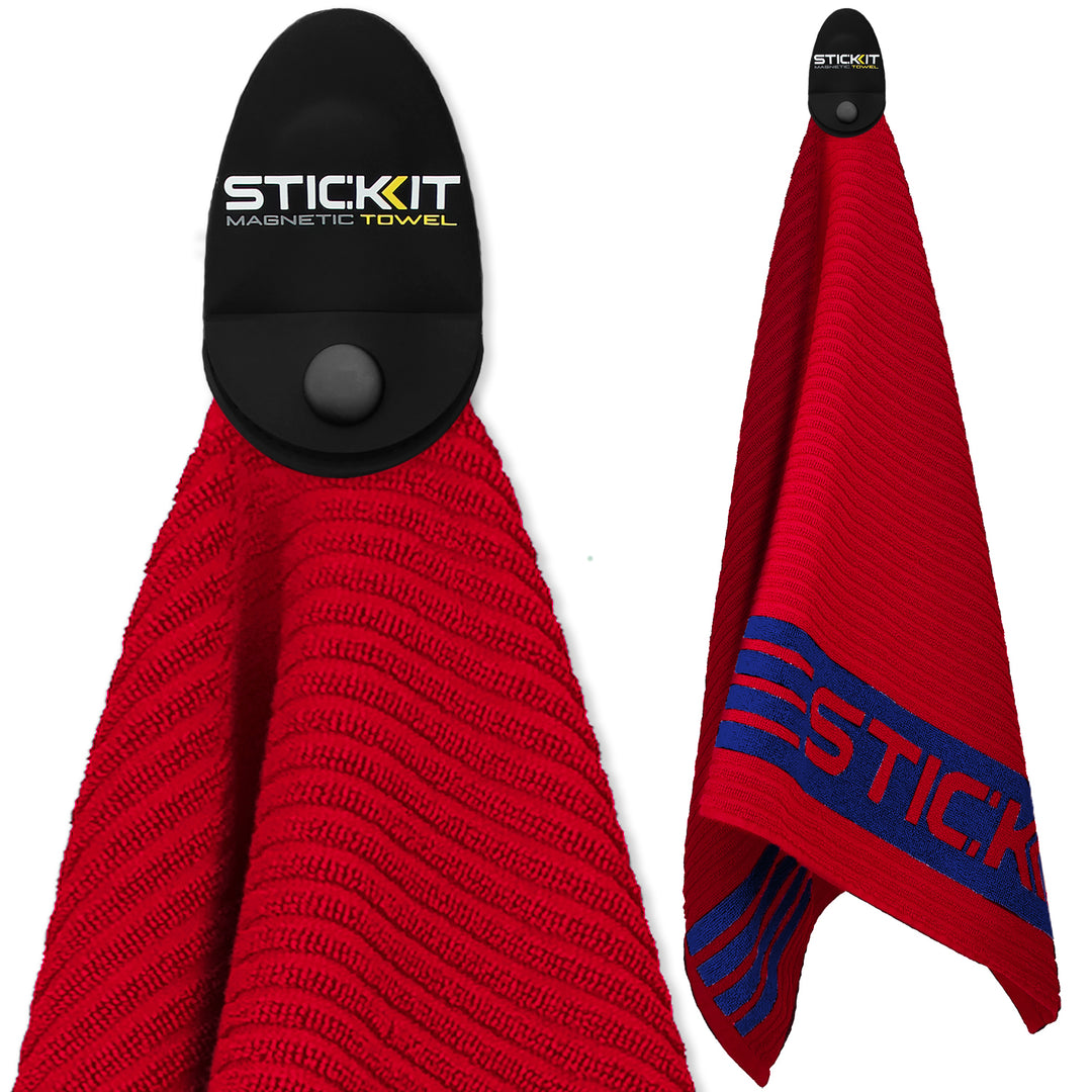 Bright red microfiber towel with blue accents and a black magnetic hook for easy hanging, ideal for gym and sports use.