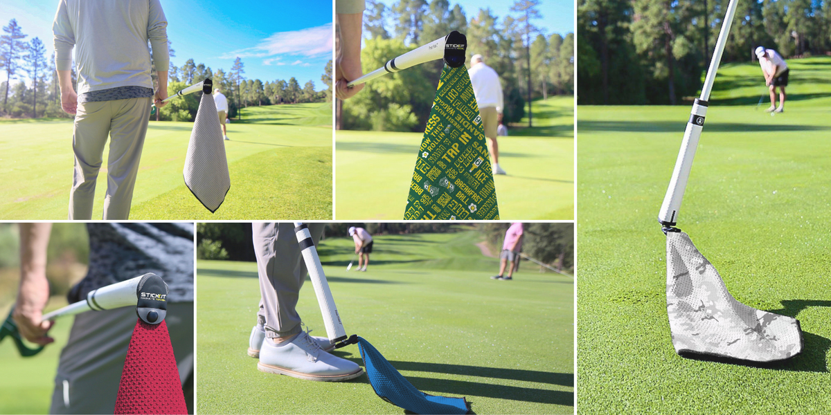 Golf towel set featuring red, blue, and patterned designs, attached to a sleek, lightweight pole for easy access on the course.