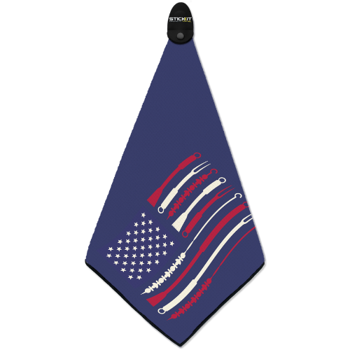 Navy blue golf towel with red and white stripes, featuring a stylized American flag design. Durable microfiber material.