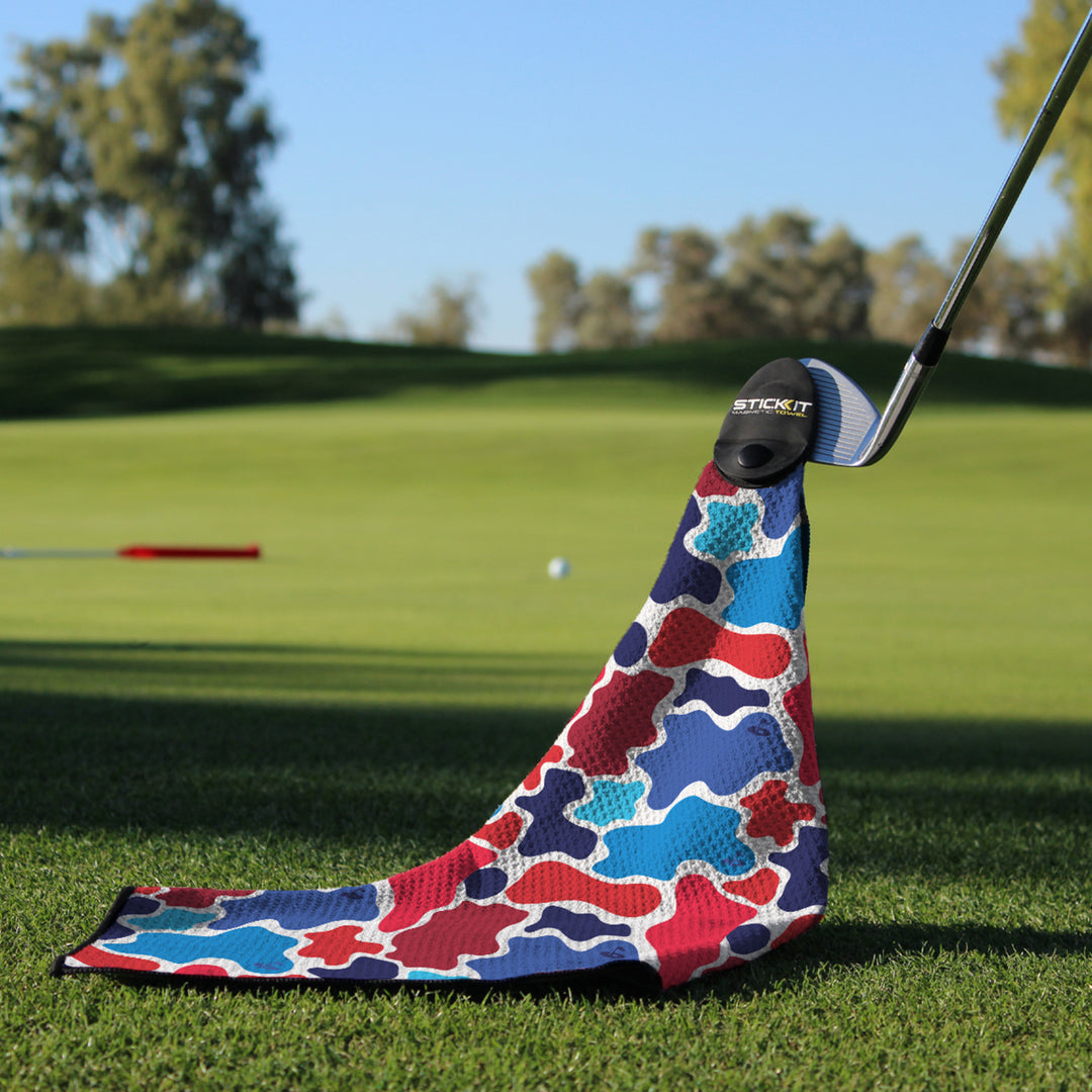 Colorful camo golf putter cover in red, blue, and green; durable mesh material, perfect for protecting your club.