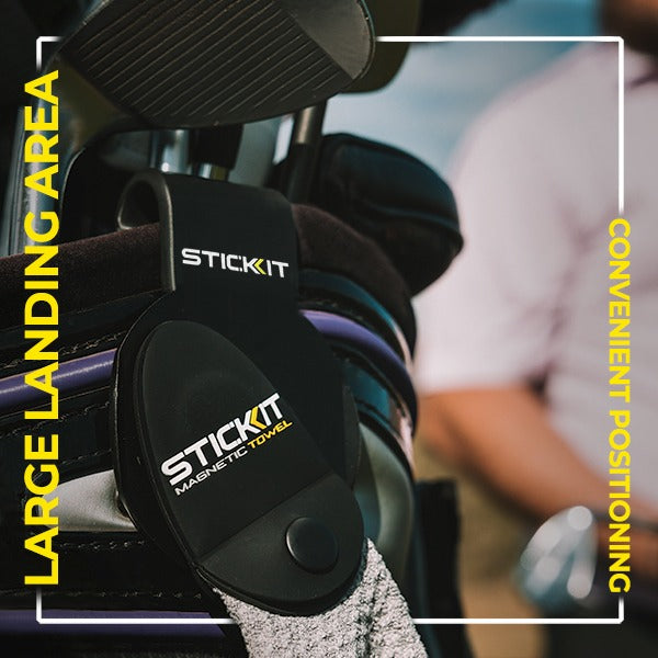 Black magnetic golf towel with large landing area, ideal for convenient positioning on golf bags. Stylish accessory for golfers.
