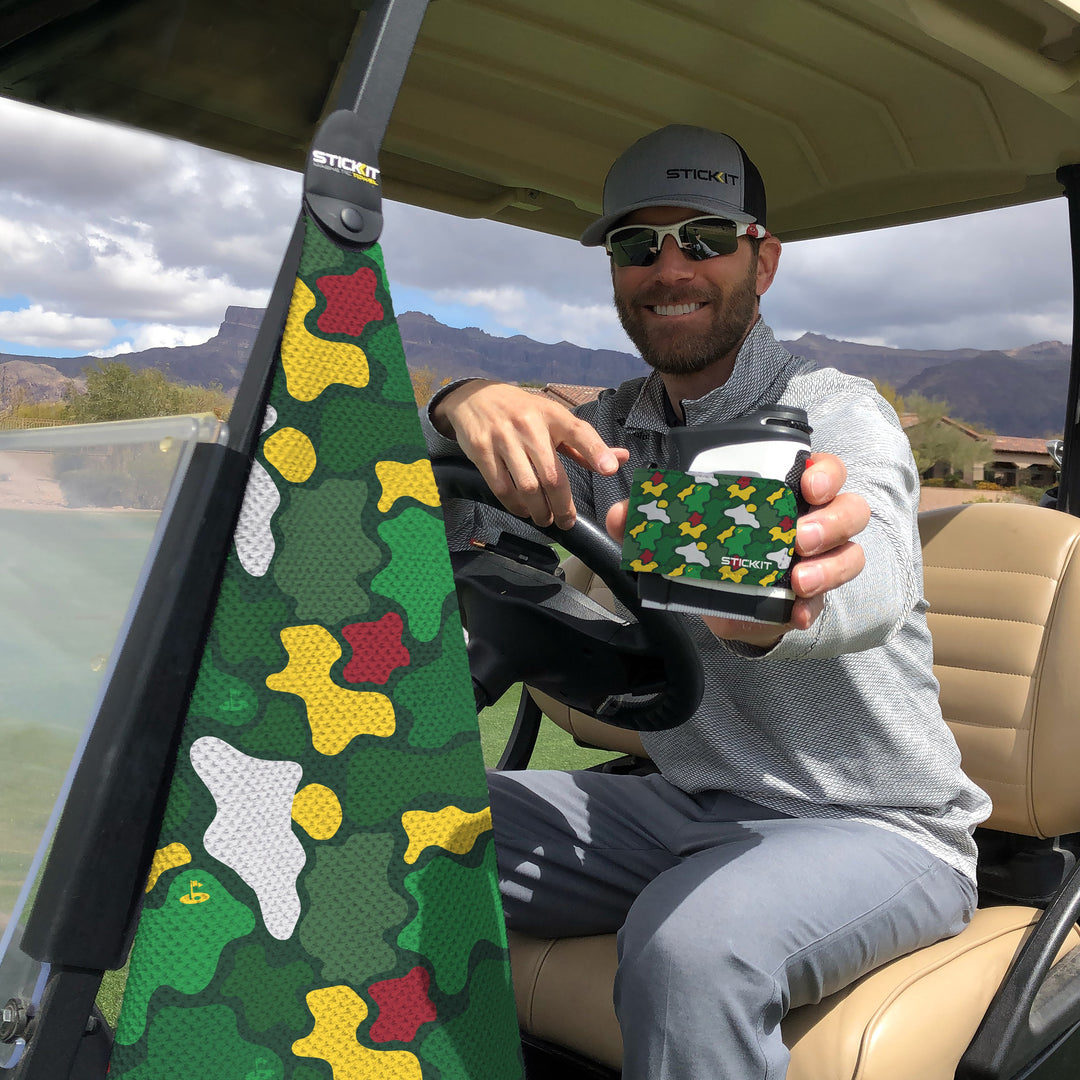 Green camo golf cart accessory with a sleek design, showcased by a smiling man in a golf setting.