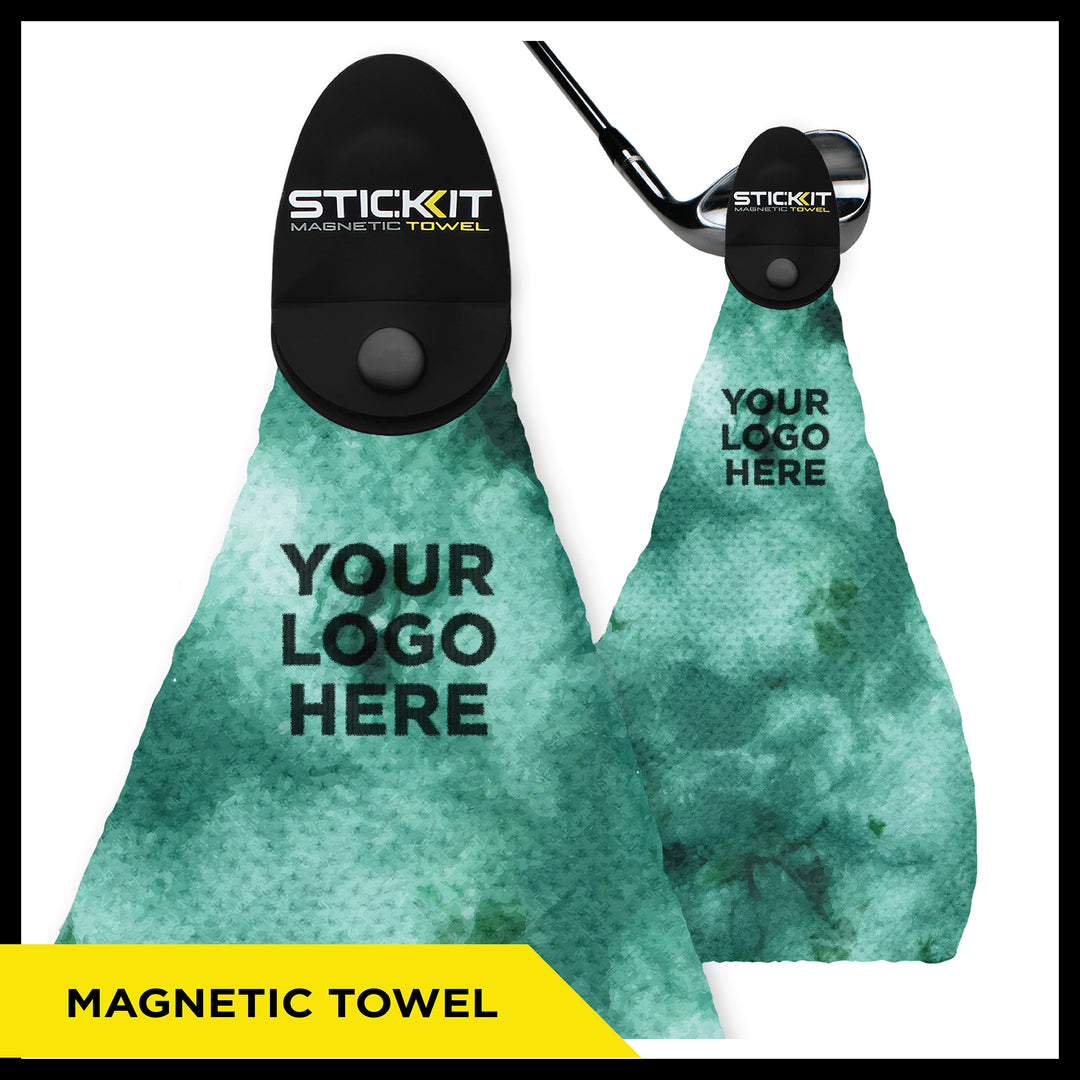 Magnetic golf towel in teal with textured fabric, customizable logo area. Perfect for on-the-go golfers.