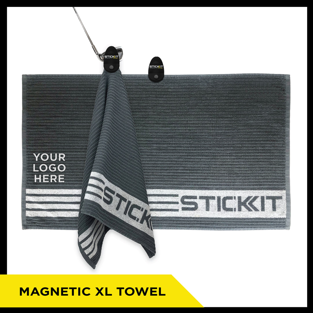 Magnetic XL towel in dark gray and light gray, featuring customizable logo space and striped design. Perfect for branding.
