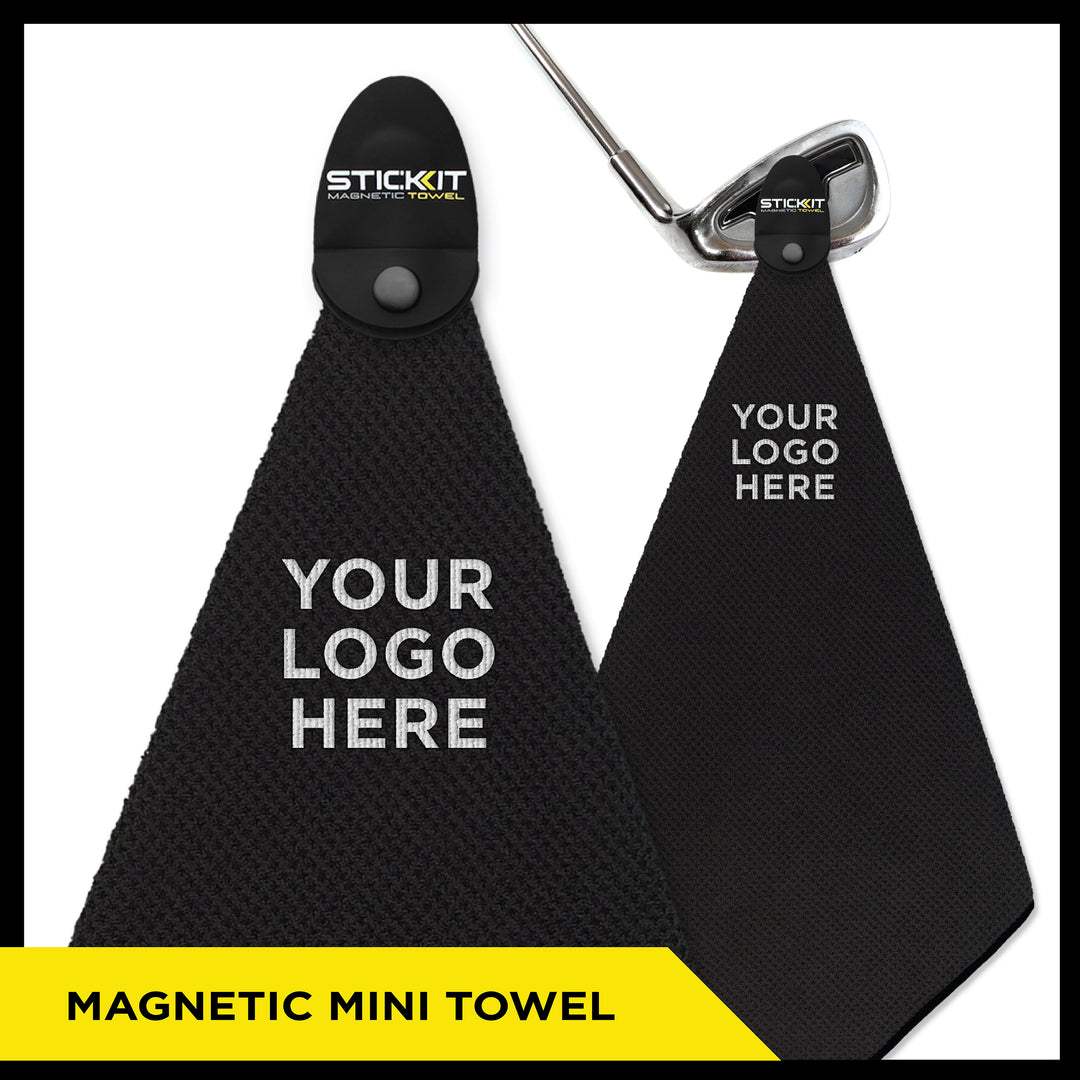 Black magnetic mini towel with customizable logo area, featuring a textured material and sleek design for golf enthusiasts.