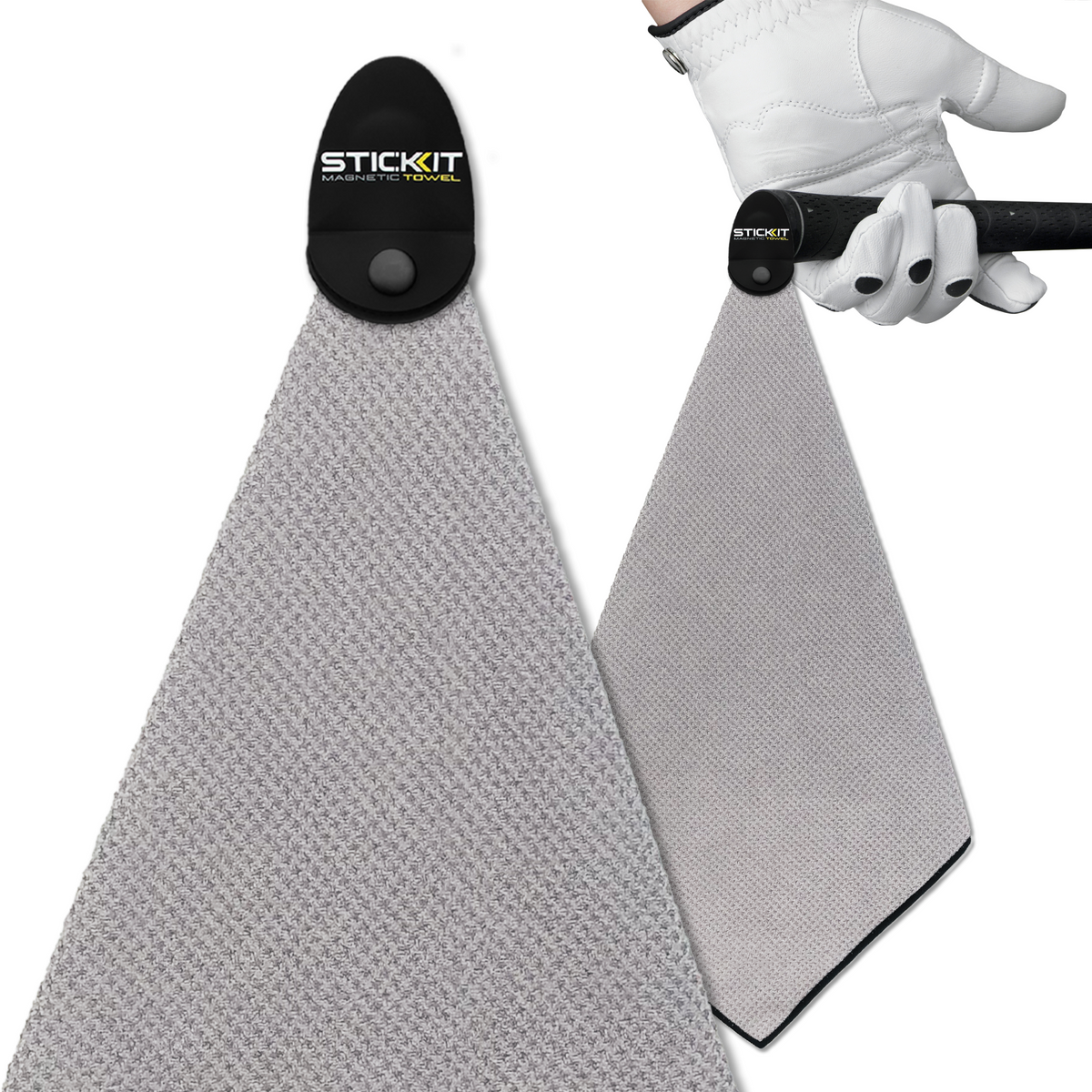 Grey microfiber golf towel with magnetic clip, designed for easy attachment, ideal for golfers.