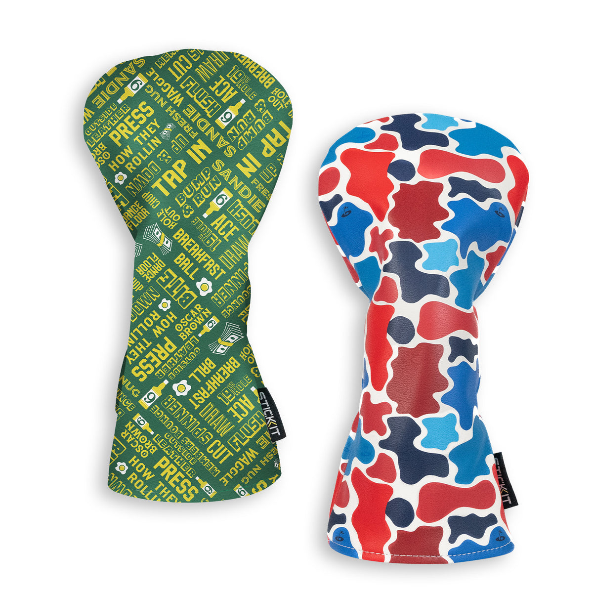 Colorful silicone oven mitts, one green with text pattern and one red/blue camo design, perfect for kitchen use.