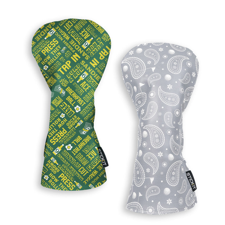 Green and gray patterned silicone bottle sleeves; one with text design, the other with paisley print.