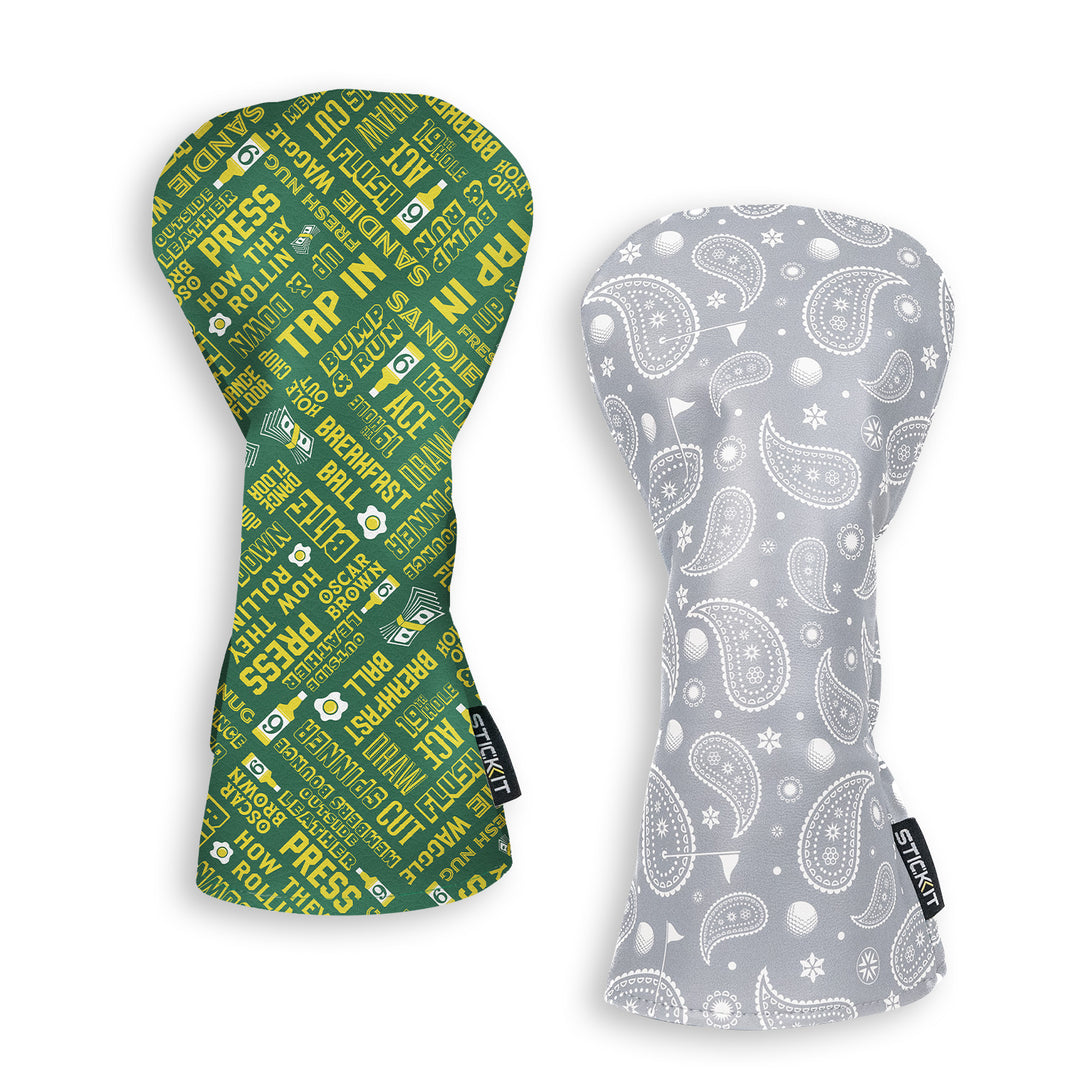 Green and gray patterned silicone bottle sleeves; one with text design, the other with paisley print.