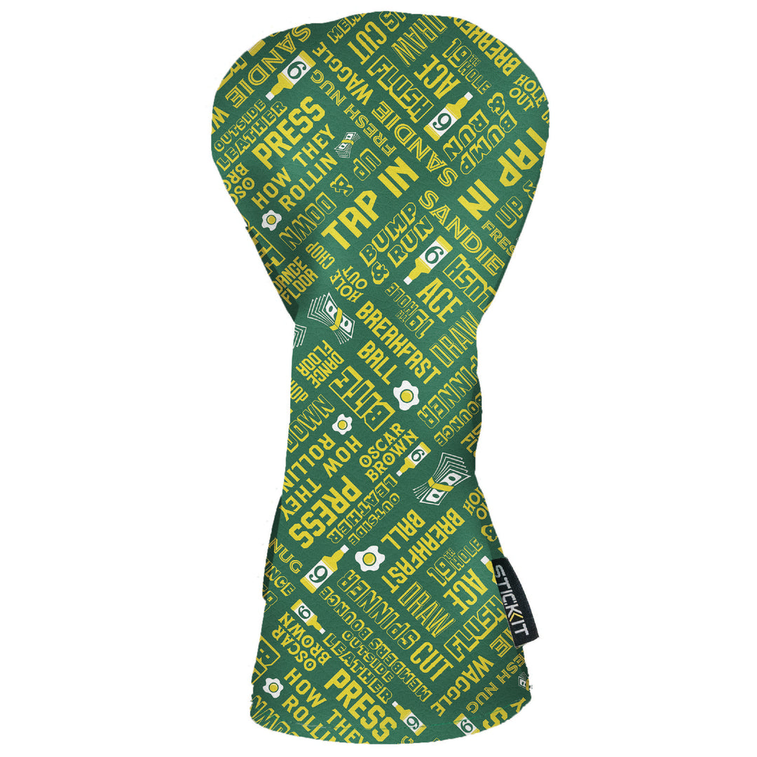 Green fabric oven mitt with yellow text featuring cooking tips and instructions, stylish and functional kitchen accessory.