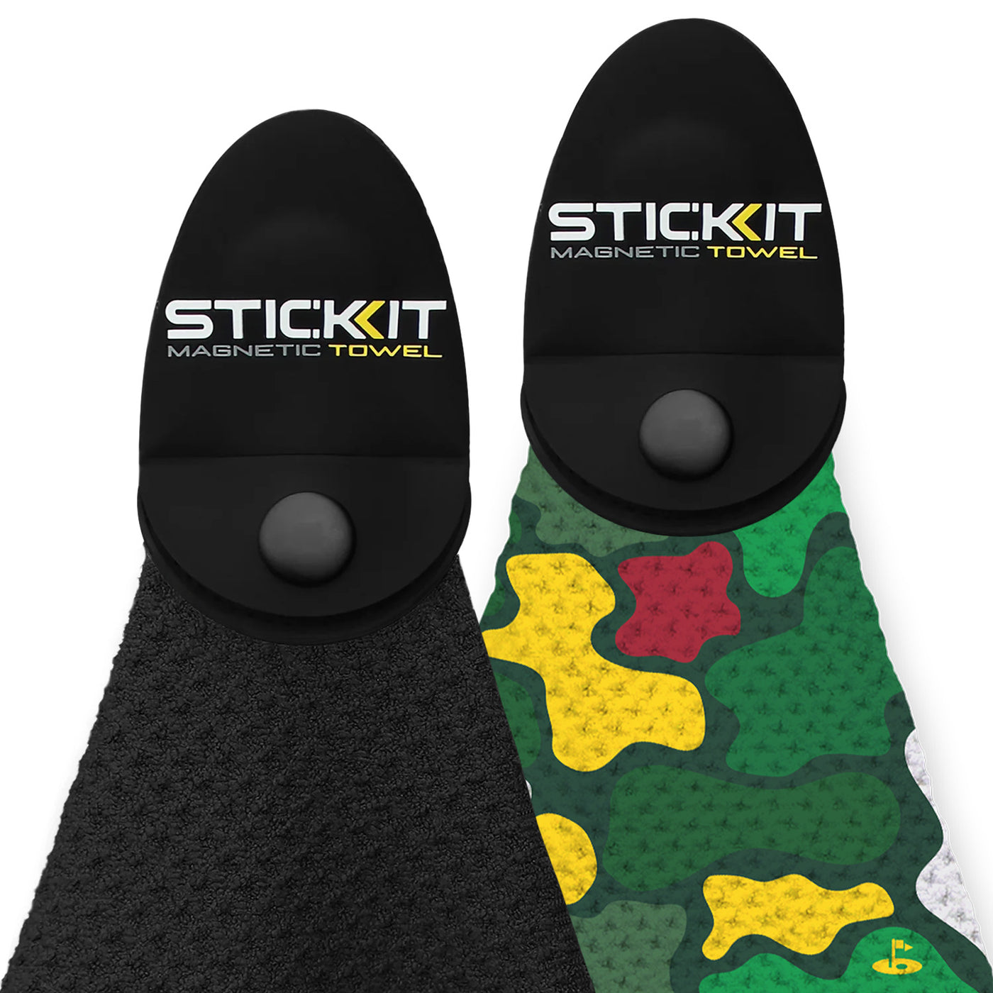 Black and camo magnetic towels, featuring a soft texture and unique snap closure for easy attachment and convenience.