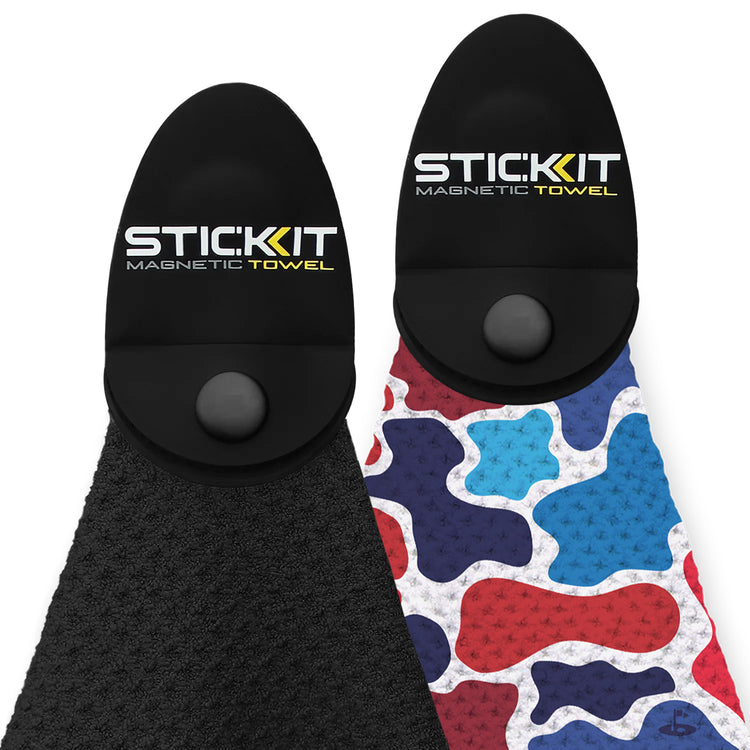 Black and patterned red, white, blue magnetic towels with logo; ideal for outdoor sports and convenient grip.