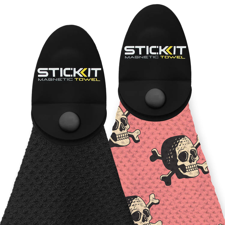 Black and pink skull pattern magnetic towels with unique grip design, ideal for gym and outdoor use.