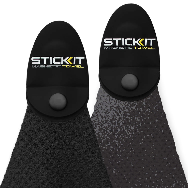 Black and gray STIC:KIT magnetic towels with textured surfaces, perfect for sports and outdoor activities.