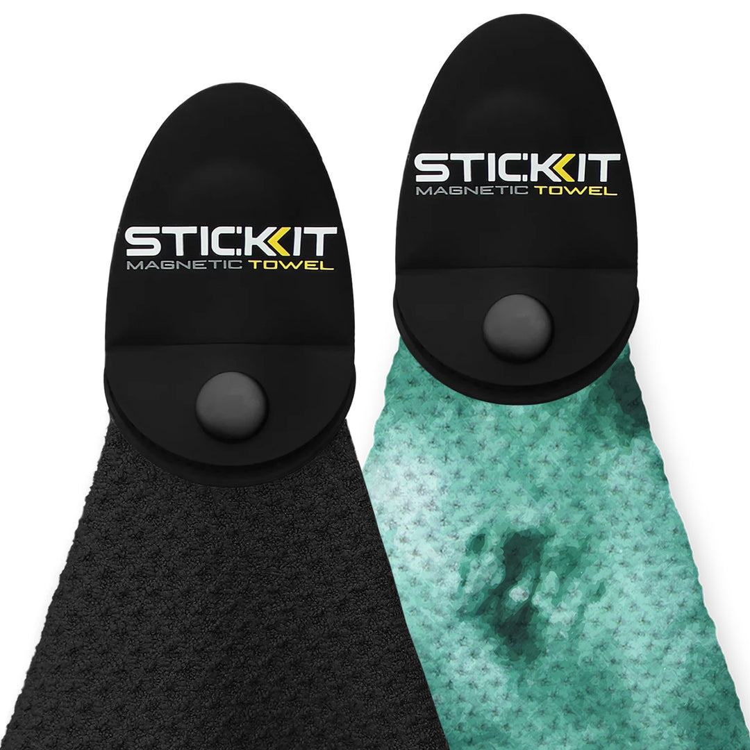 Black and teal magnetic towels by STICK:KIT, made of soft microfiber with a convenient magnetic grip.