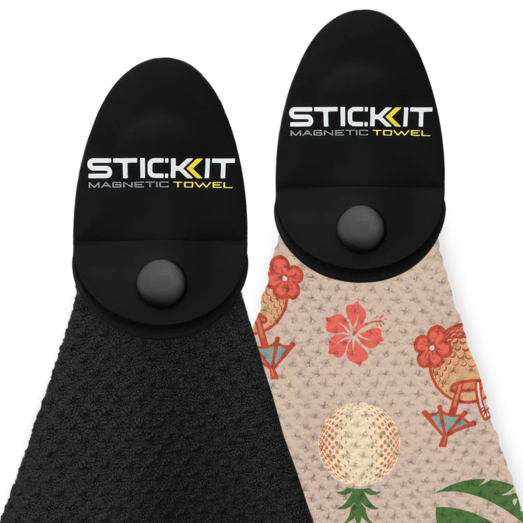 Black and patterned magnetic towels with STICKIT logo, perfect for quick drying and easy storage; ideal for outdoor use.