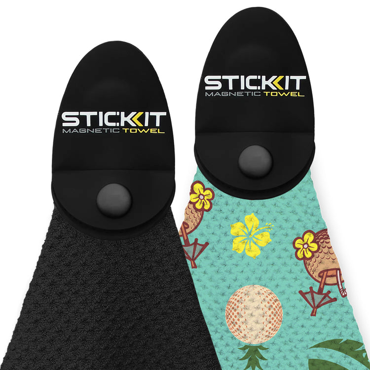 Black and teal stick-on magnetic towels, featuring a tropical print and soft microfiber material for easy use.