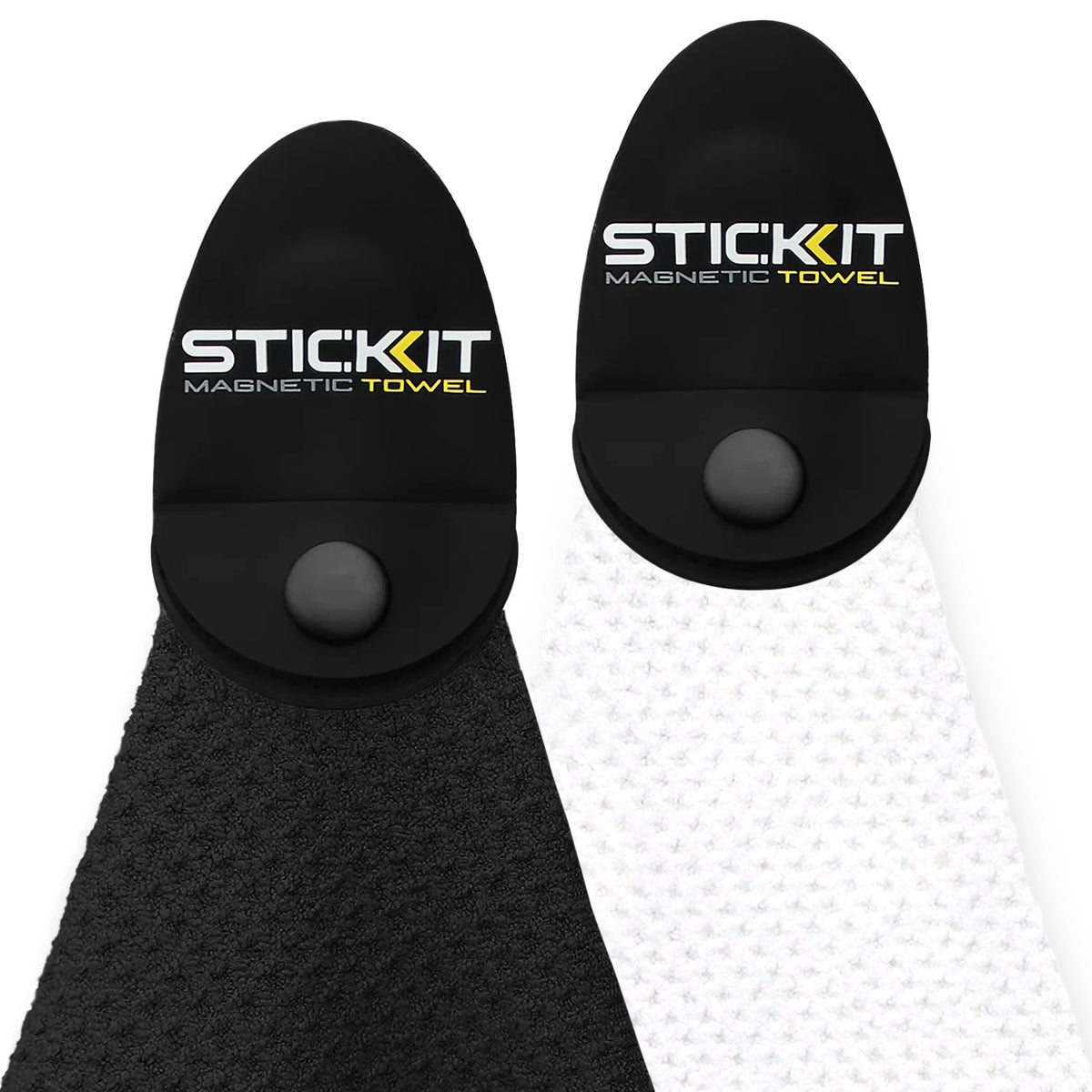 Black and white magnetic towels with STIC:KIT logo, made from absorbent material for easy attachment and use.
