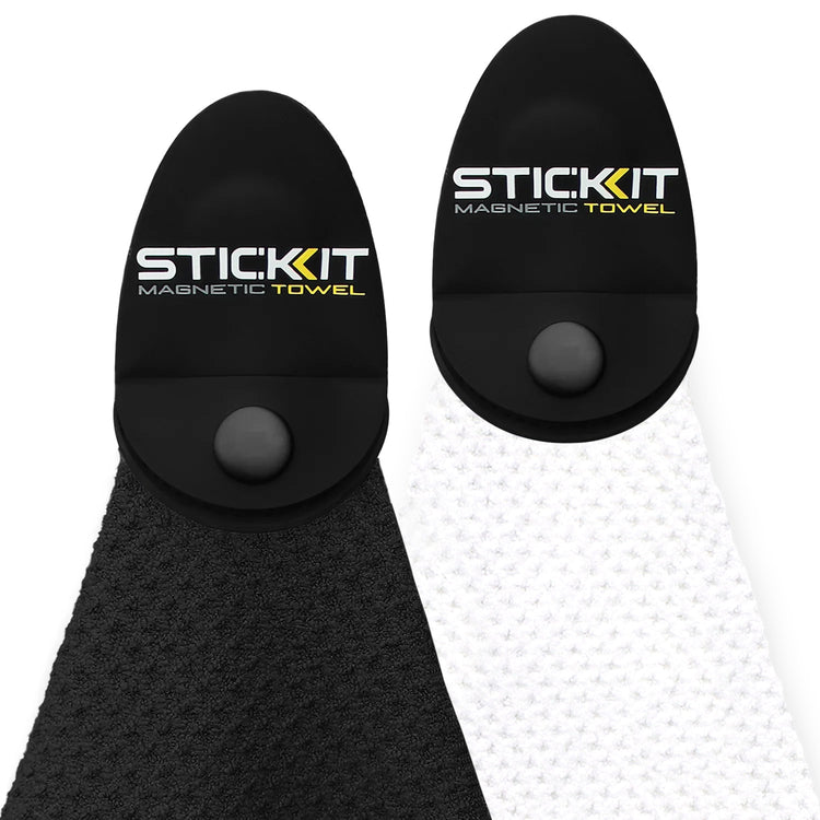 Black and white magnetic towels with STIC:KIT logo, made from absorbent material for easy attachment and use.