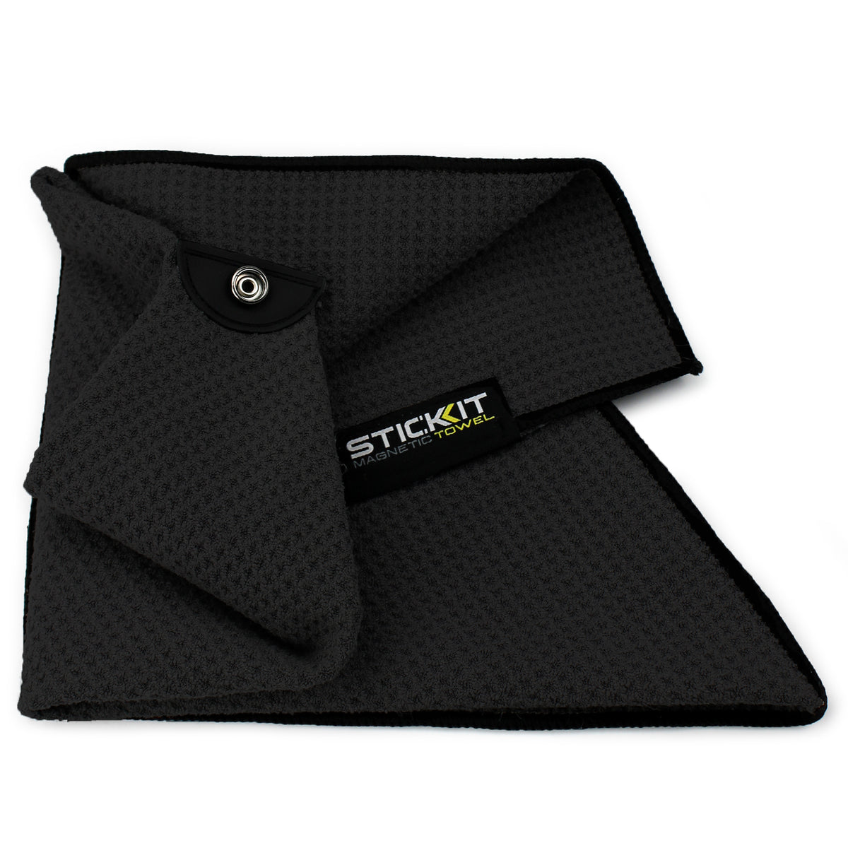 Gray microfiber towel with textured surface and snap button, ideal for gym and sports use.
