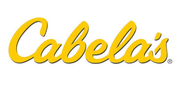 Cabela's logo in bold yellow cursive on a black background, ideal for brand recognition in outdoor apparel.