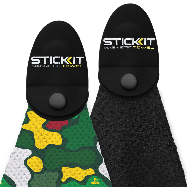 Dual-sided magnetic towel in vibrant camouflage green and black, made from absorbent microfiber fabric.