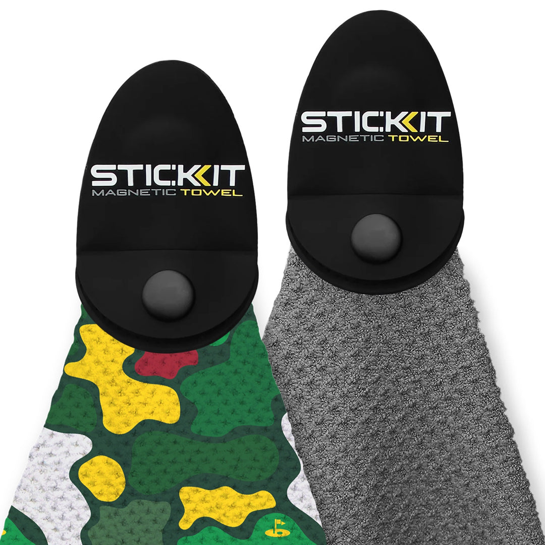 SticKit magnetic towel set: green camo and gray textured design with convenient magnetic holder. Perfect for outdoor use.