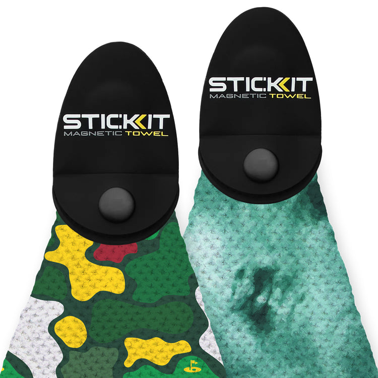 STIC KIT Magnetic Towel set, featuring a green camo and teal textured design, ideal for outdoor and gym use.