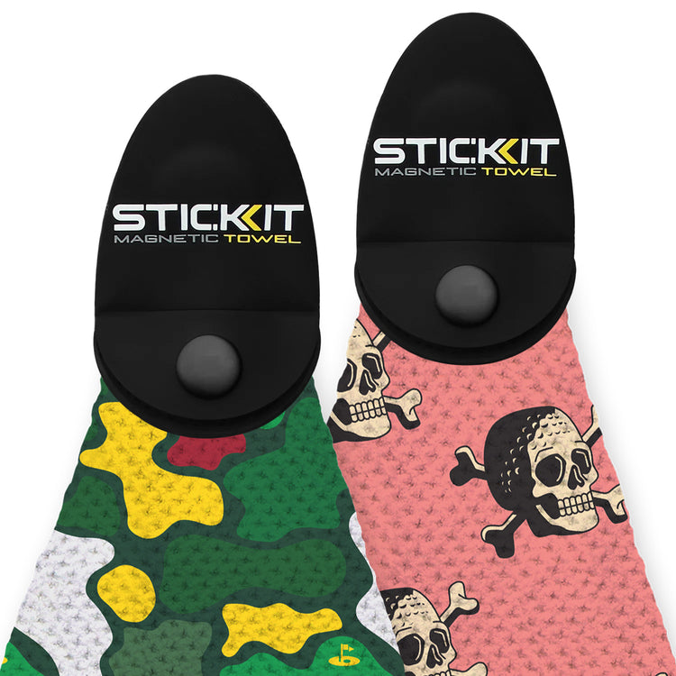Stylish magnetic towels featuring green camo and pink skull designs, perfect for outdoor activities and fitness.