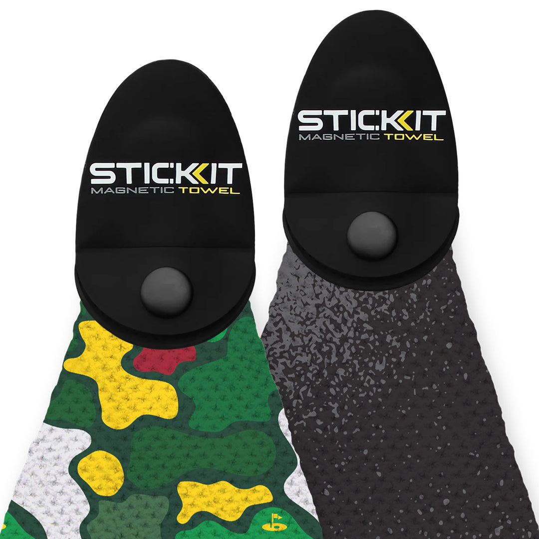 STIC KIT magnetic towel in green camo and charcoal gray, featuring a convenient black magnetic closure.