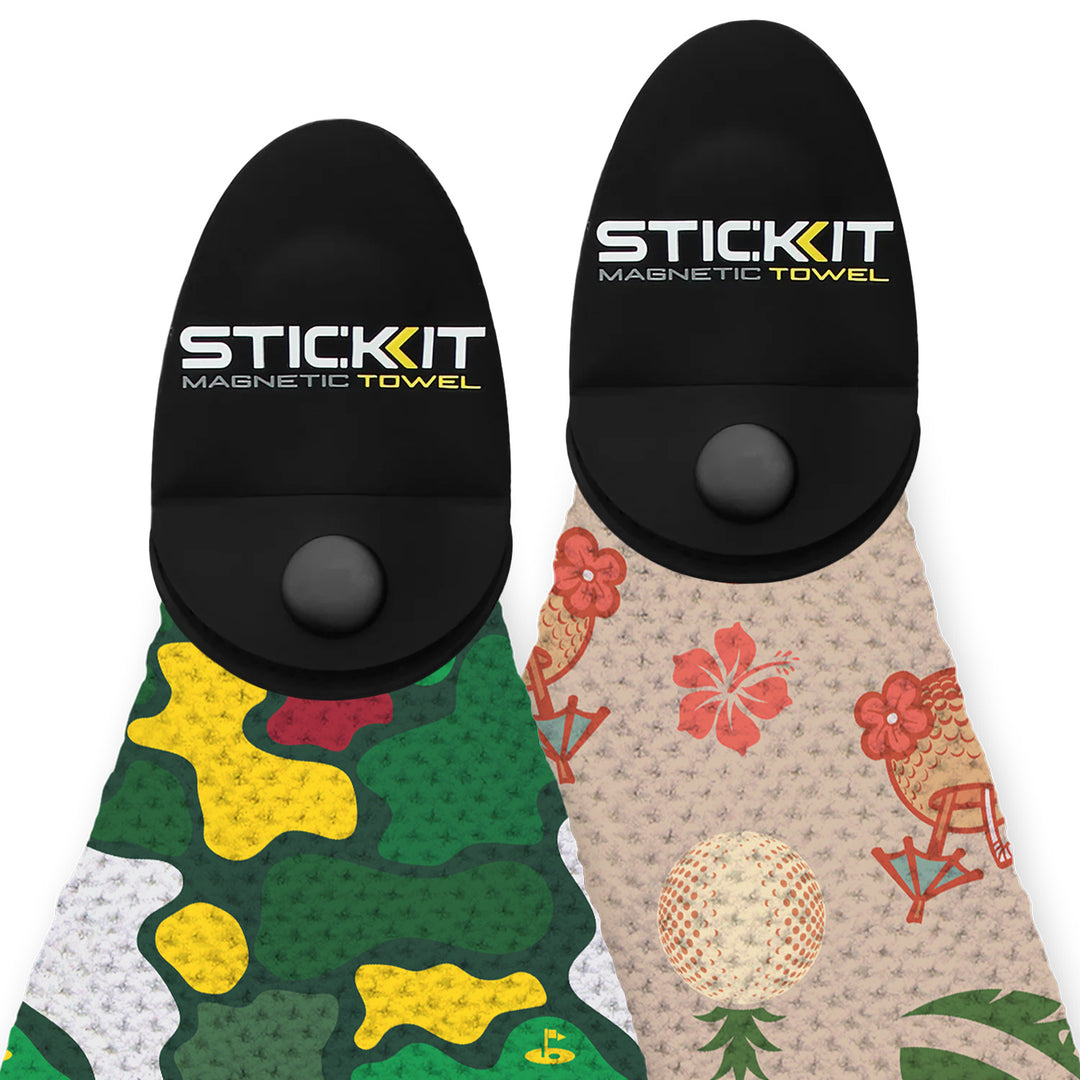 Colorful STIC:KIT magnetic towels in black, green camo, and floral patterns, featuring a durable magnetic holder.