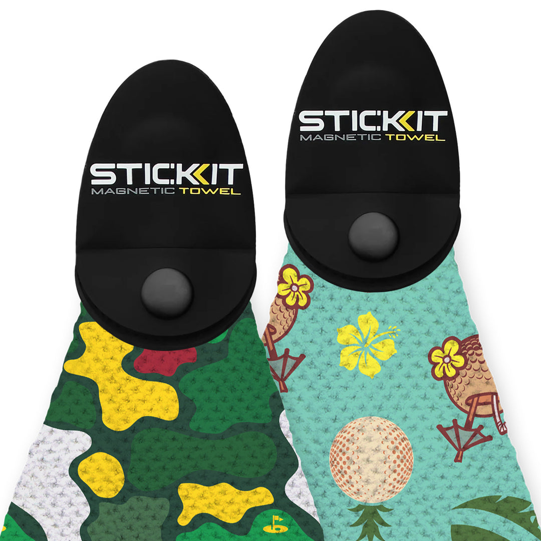 Colorful magnetic towels featuring a green camo design and vibrant floral print, perfect for outdoor activities.